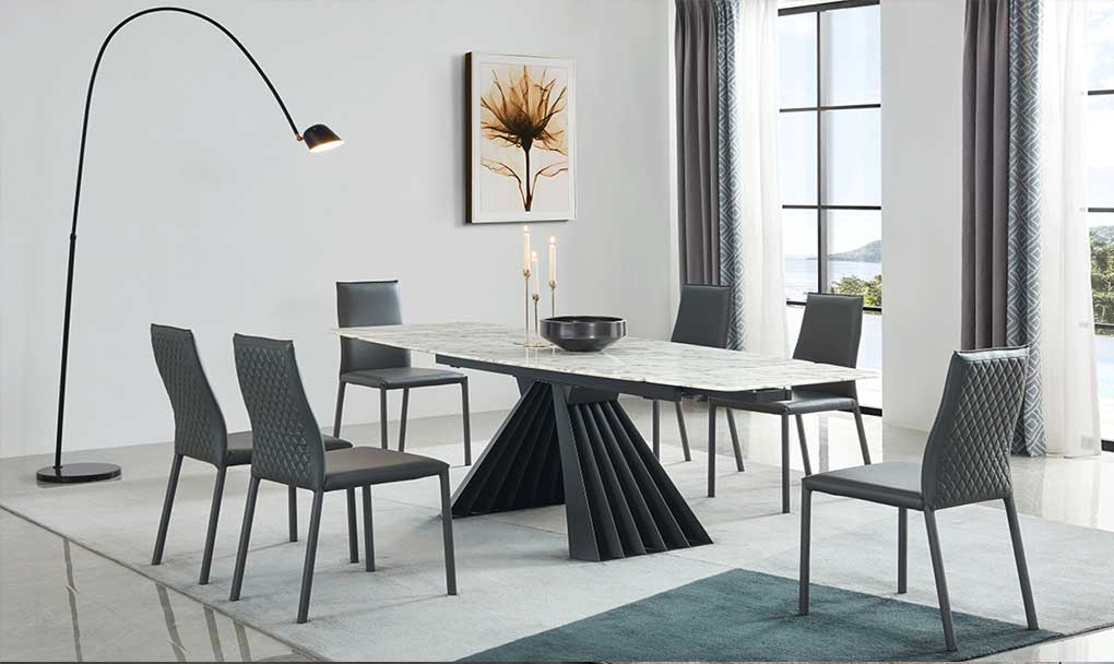 exclusive 152 marble dining table with 196 grey chairs front 1